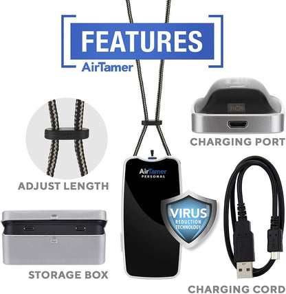 AirTamer A310 Personal Air Purifier Necklace – Rechargeable Wearable Air Cleaner for Travel, Office & Everyday Use - Silent, Lightweight, Black with Metal Case