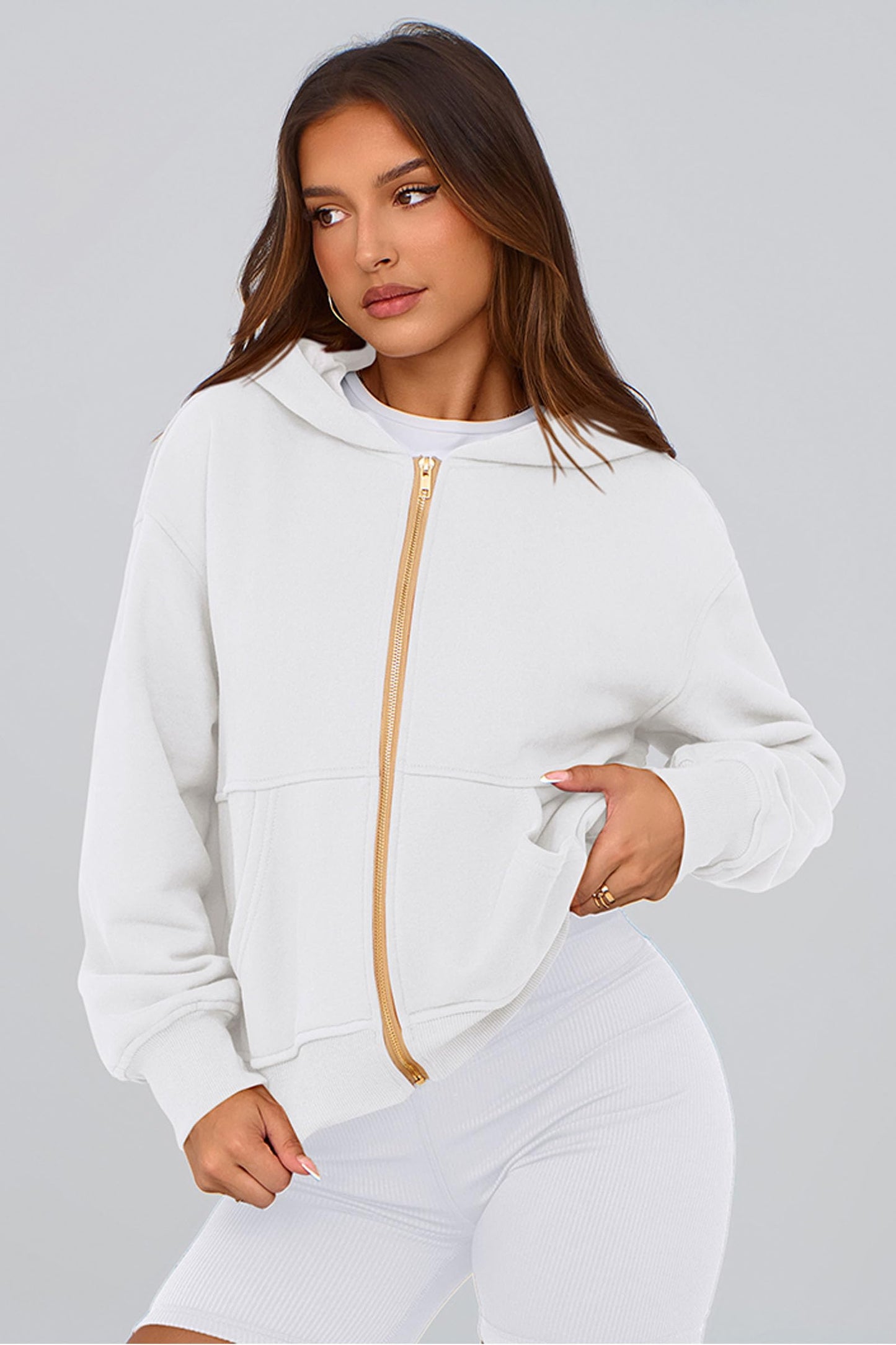 PRETTYGARDEN Women's Zip Up Hoodie Sweatshirt Y2K Fall Fashion Long Sleeve Loose Fit Casual Trendy Jackets Winter Clothing (White,Small)