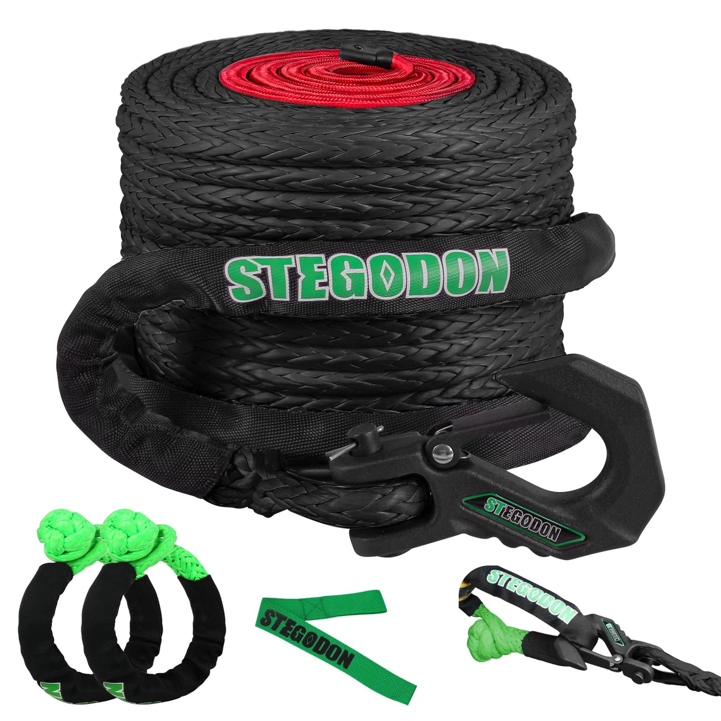 STEGODON Winch Rope 1/2 in x 85 ft Synthetic Winch Rope Kit,32000 LBS Winch Line Cable with Soft Shackle,Winch Hook and Safety Pull Strap for 4WD Off Road Vehicle Truck (Black)