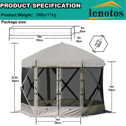 Lenotos Pop Up Screen Tent, 12'x12' Windproof & UV Protection Sun Shelter, Portable Instant Setup, 6-Sided Screen Tent for Picnic, Camping, Backyard, Outdoor (Grey)