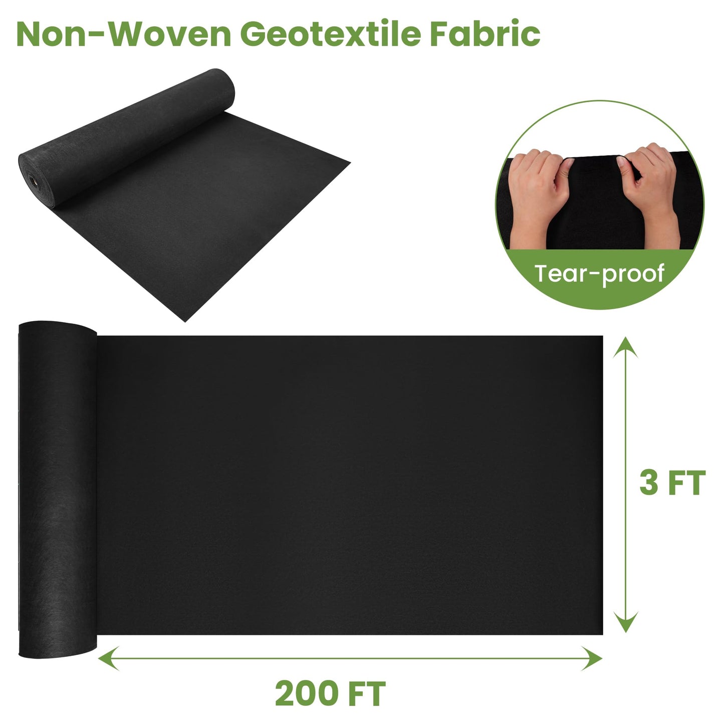 hzgeotl Weed Barrier Landscape Fabric | Heavy Duty Premium Weed Control Fabric -Durable & Eco-Friendly Weed Block Gardening Mat (8OZ 3x200ft, Non Woven)