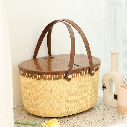 Teng Tian Nantucket Basket Crafts Cane-on-Cane Weave Picnic Basket Shopping Basket Basket Storage Basket Two Swing Handles (Black Walnut Activity Double Open)