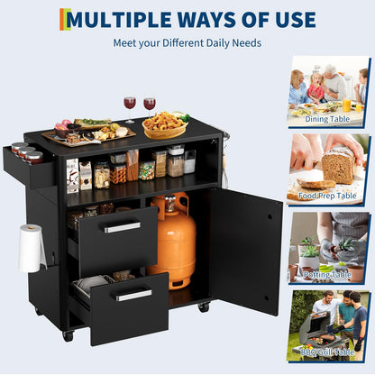 Heavy-Duty Outdoor Grill Cart with Stainless Steel Prep Table,Mobile BBQ Island Cart with Spacious Storage Cabinet & Lockable Wheels, Multi-Function Patio Kitchen Station for Grilling & Outdoor
