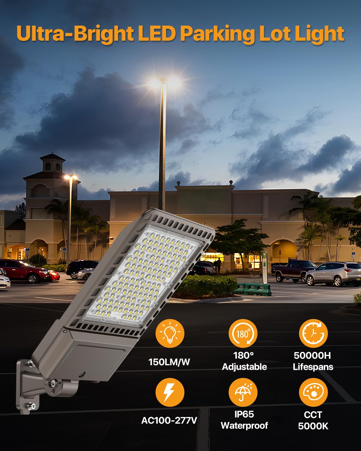 DEMILARE 400W LED Parking Lot Light - 60,000LM Adjustable Arm Mount Outdoor Flood Shoebox Light with Dusk to Dawn Photocell, IP65 Waterproof Commercial Street Area Lighting for Parking Lot, Stadium