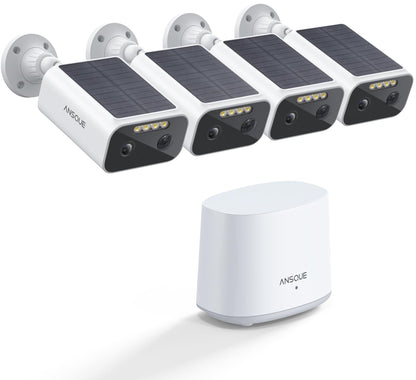 ANSQUE Solar Security Cameras Wireless Outdoor, 4-Cam-Kit, 2K Home Security Camera System, 365-Day Battery Life, No Subscription Fee, Easy to Install, Color Night Vision, Local Storage