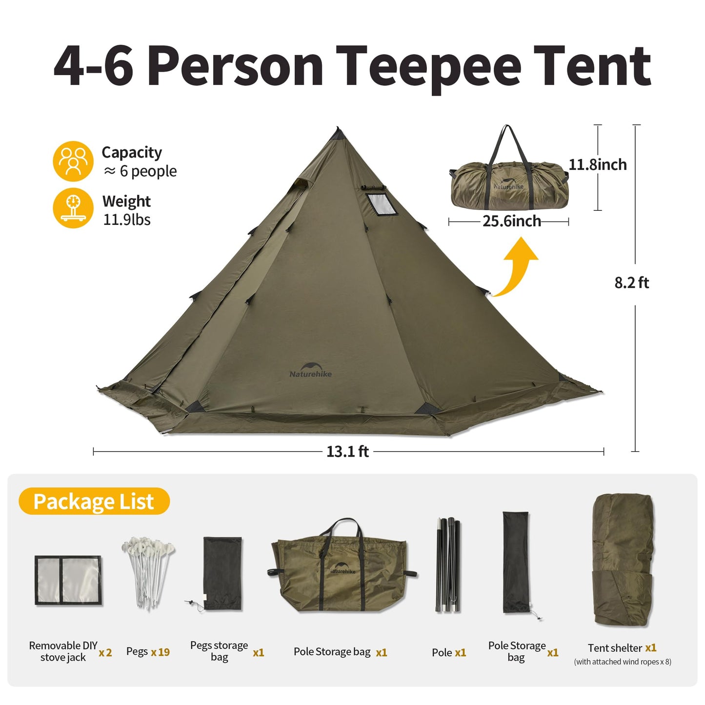 Naturehike Ranch Fire Teepee Tent, Hot Tents with Stove Jack, 4-6 Person Waterproof Windproof 4 Season Tent, Cold Weather Winter Tents for Camping