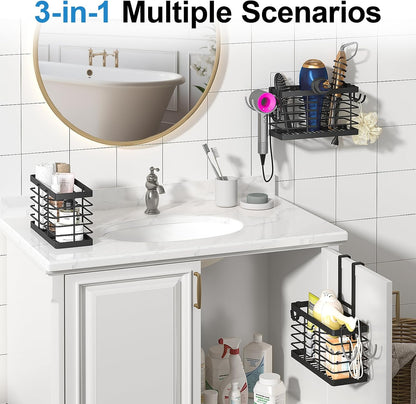 Sevenblue Hair Tool Organizer - 3-in-1 Adjustable Height Blow Dryer Holder | Wall Mounted & Free-Standing (Black)
