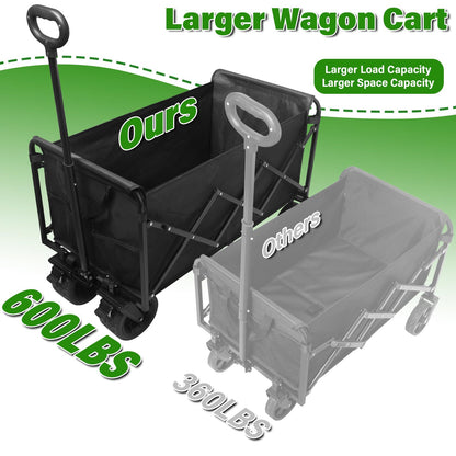 Folding Wagon Cart with All-Terrain Wheels – Heavy Duty Collapsible Utility Wagon for Grocery, Sports, Garden, Camping, Shopping (Black 600LBS)