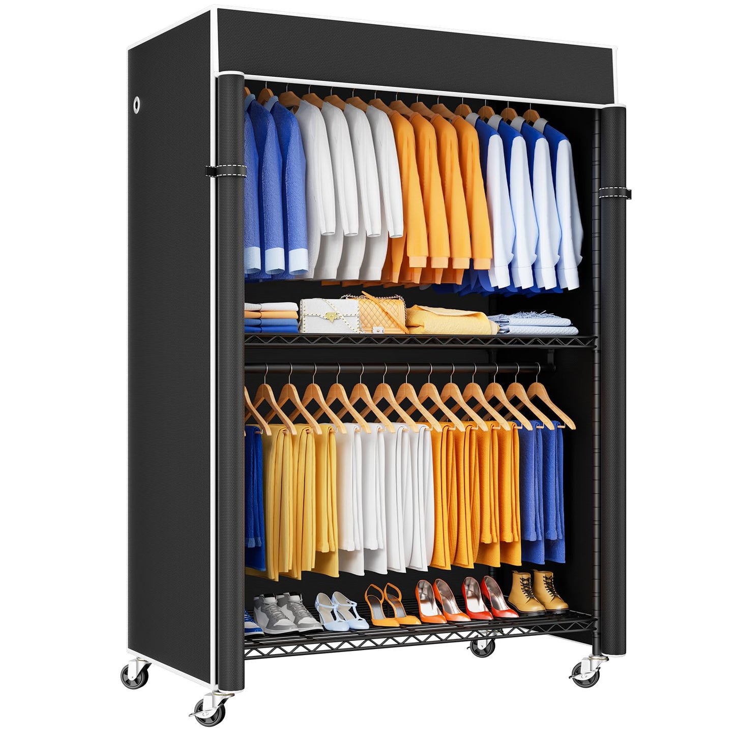 ULIFHOME P8C Pro Heavy Duty Clothes Rack（With Extended Width Design） Rolling Clothing Racks for Hanging Clothes with Lockable Wheels，42" W x 15.8" D x 80.5" H，Load 700LBS，Black Rack with Black Cover