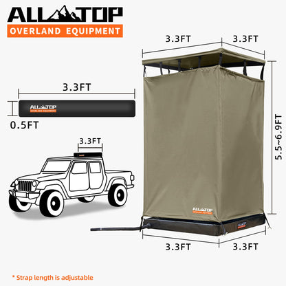 ALL-TOP Awning Shower Room w/Foldable Floor Mat, 3.3ft x 3.3ft, Privacy Shelter Restroom w/Roof, LED Light, Drain Pipe, Carside Bathroom