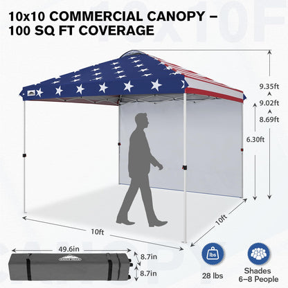 EAGLE PEAK Commercial Canopy 10x10 Pop Up Canopy Tent with 1 Sidewall, Easy Setup Heavy Duty Instant Event Shelter for Vendors & Markets, Outdoor Sun Shade, American Flag