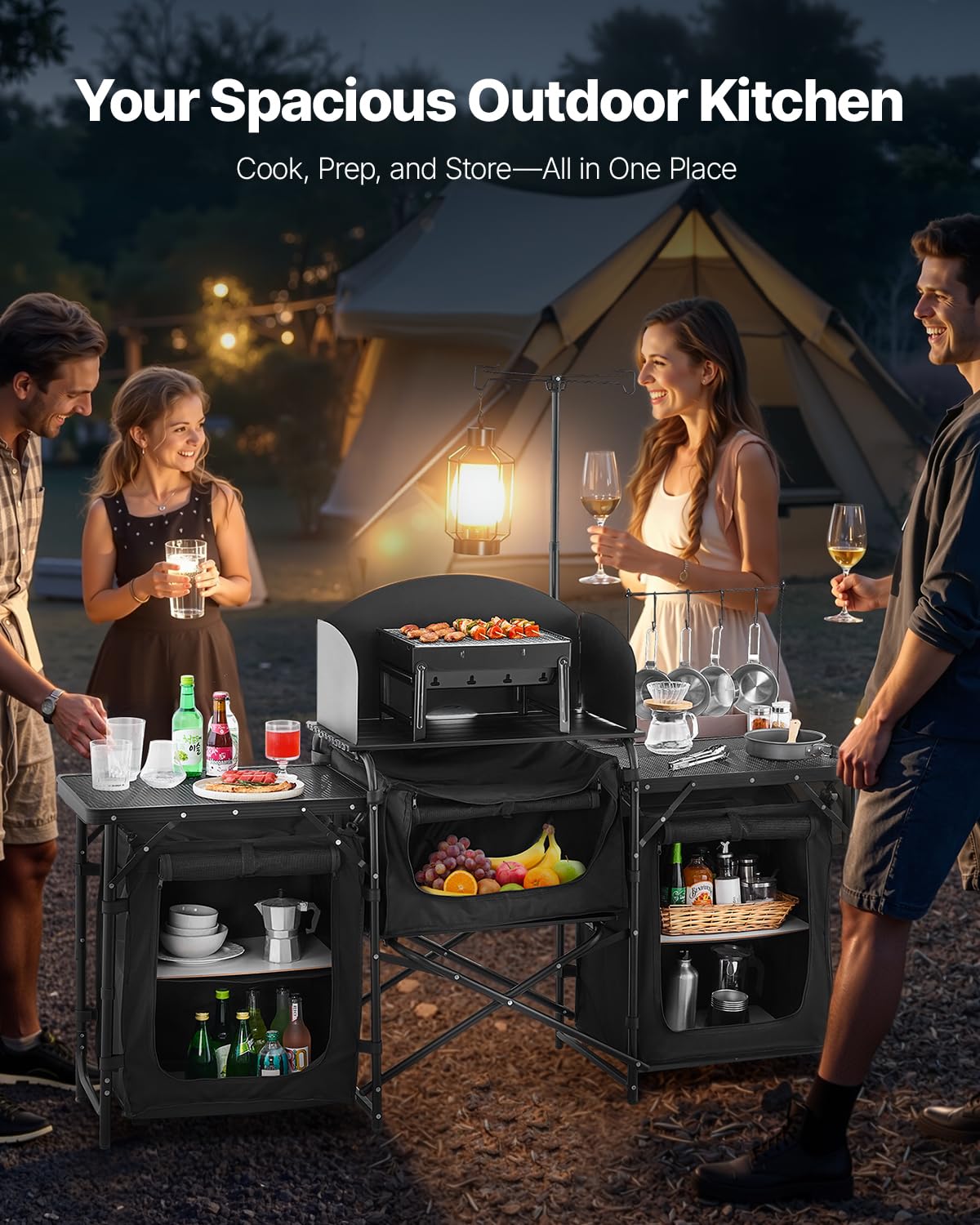 VEVOR Camping Kitchen Table, Outdoor Camp Cooking Table, Aluminum Portable Cook Station with 3 Storage Cupboard, Carrying Bag, Detachable Windscreen, Quick Set-up for BBQ Party Picnic RV Travel, Black