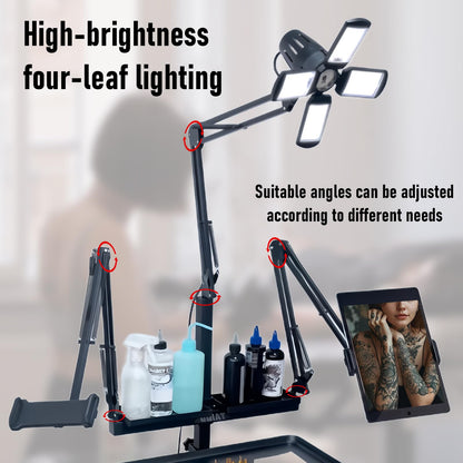GBK Tattoo Workstation with 60W 360° LED Light, Extra-Large Magnetic Detachable Tray, Rolling Cart with Dual Phone/Tablet Stands, Salon Trolley for Tattoo Studio Artist Nail Tech