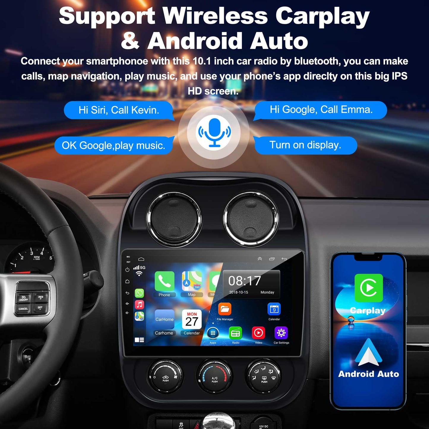 [4+64G] Android 13 Car Stereo for Jeep Compass Patriot 2010-2016 Support Wireless Carplay&Android Auto, 10.1 inch IPS Touchscreen Patriot Radio with GPS, WiFi, Bluetooth FM Radio