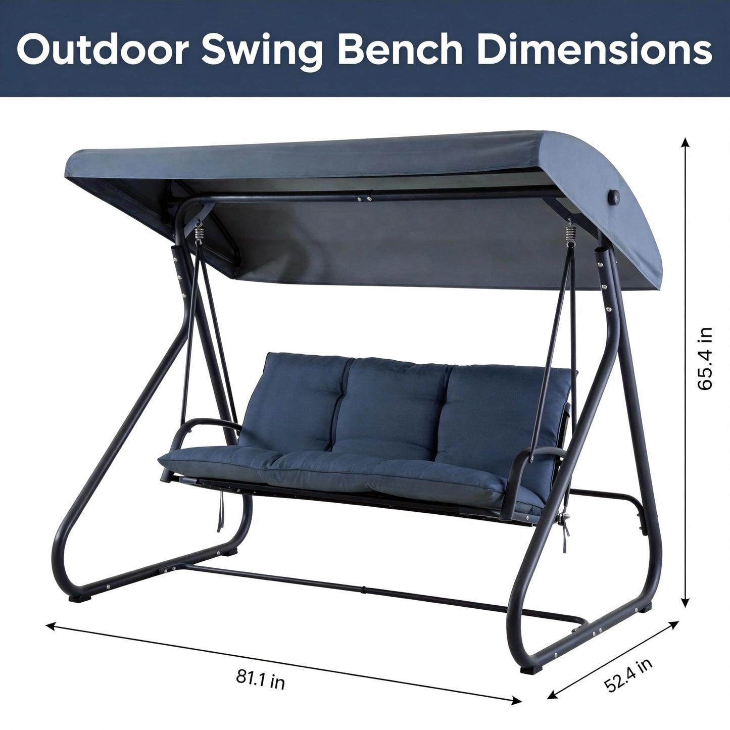 3-Seat Outdoor Convertible Swing Glider with Adjustable Canopy, 2-in-1 Bench to Flat Bed, Removable Cushions, Heavy-Duty Metal Frame, 750 LBS Weight Capacity for Patio, Backyard, Porch, Garden, Blue