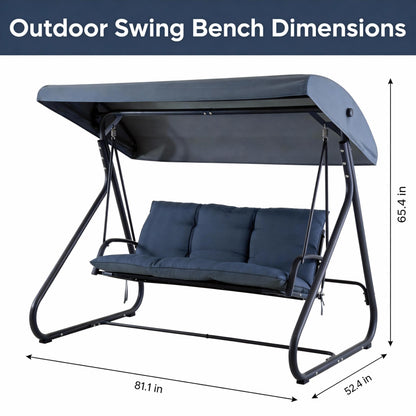 3-Seat Outdoor Convertible Swing Glider with Adjustable Canopy, 2-in-1 Bench to Flat Bed, Removable Cushions, Heavy-Duty Metal Frame, 750 LBS Weight Capacity for Patio, Backyard, Porch, Garden, Blue