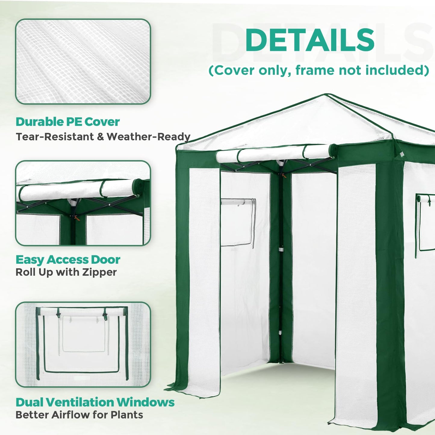 EAGLE PEAK Replacement Cover for 6x4 Portable Pop up Greenhouse with Polyester Reinforced Corners, Front Roll-Up Zipper Entry Door and 2 Roll-Up Side Windows (Frame Not Included), Green/White