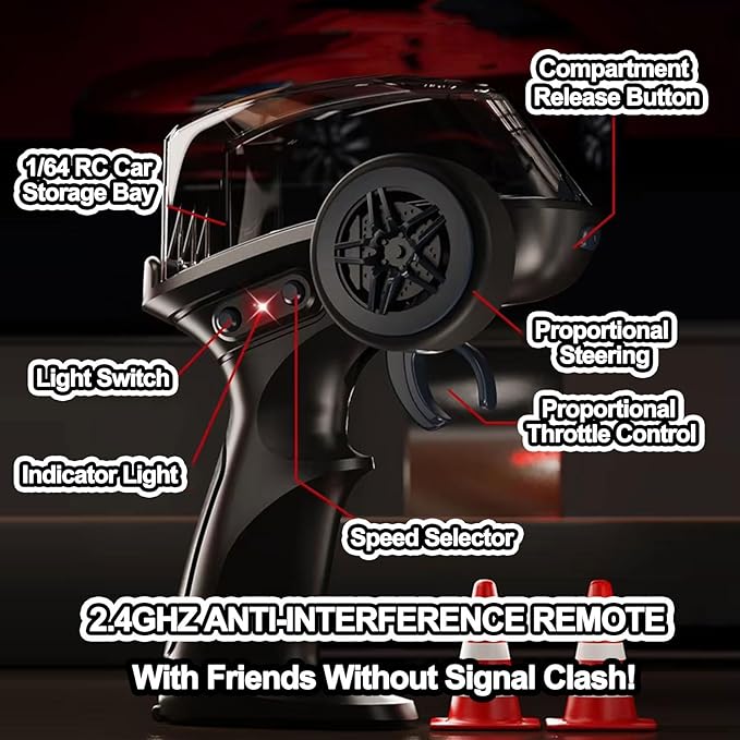 1/64 Scale Mini RC Drift Car 4WD Micro RC Car with LED Lights 2 Speed Modes &amp Portable Remote Storage Case Proportional throttle Rechargeable Desktop Toy for Adults Kids Includes 2 Sets of Ti