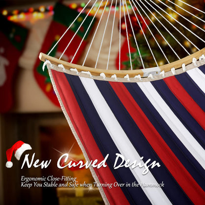 Double Hammock, 11 FT Quilted Fabric 2 Person Hammock for Outside with Pillow, Folding Curved Spreader Bar, Chains, Carrying Bag, Indoor Outdoor, 450 IB Capacity, Trinidad Red