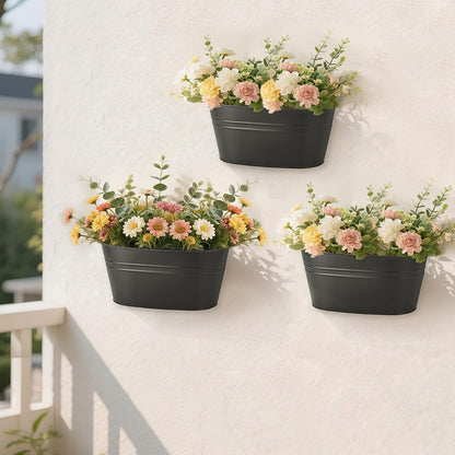 Dahey 3 Pcs Metal Hanging Flower Pots for Railing Fence 10.6 Inch Wall Planters for Indoor Plants Outdoor Countryside Window Flower Holder with Hooks Drainage Holes for Garden Yard Home Decor, Black