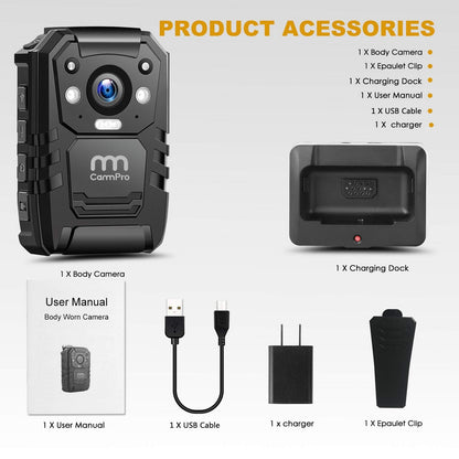 CammPro I826 HD Police Body Camera,128G Memory,Waterproof Premium Portable Body Worn Camera with Audio Recording Wearable,Night Vision,GPS for Law Enforcement (1440P)