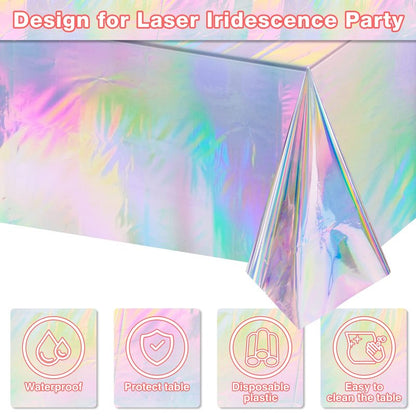 FunnyPars 4 Pack Iridescent Plastic Tablecloths, Shiny Disposable Laser Rectangle Table Covers, Holographic Foil Tablecloth Iridescent Birthday Party Supplies Decorations
