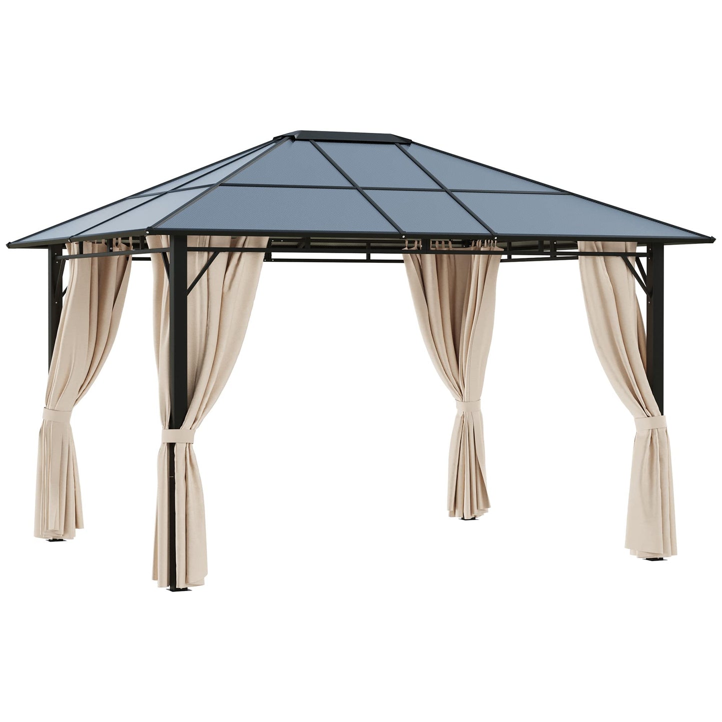 Outsunny 10' x 12' Hardtop Gazebo Canopy with Polycarbonate Roof, Aluminum Frame, Permanent Pavilion Outdoor Gazebo with Netting, for Patio, Garden, Backyard, Deck, Lawn, Black, Beige