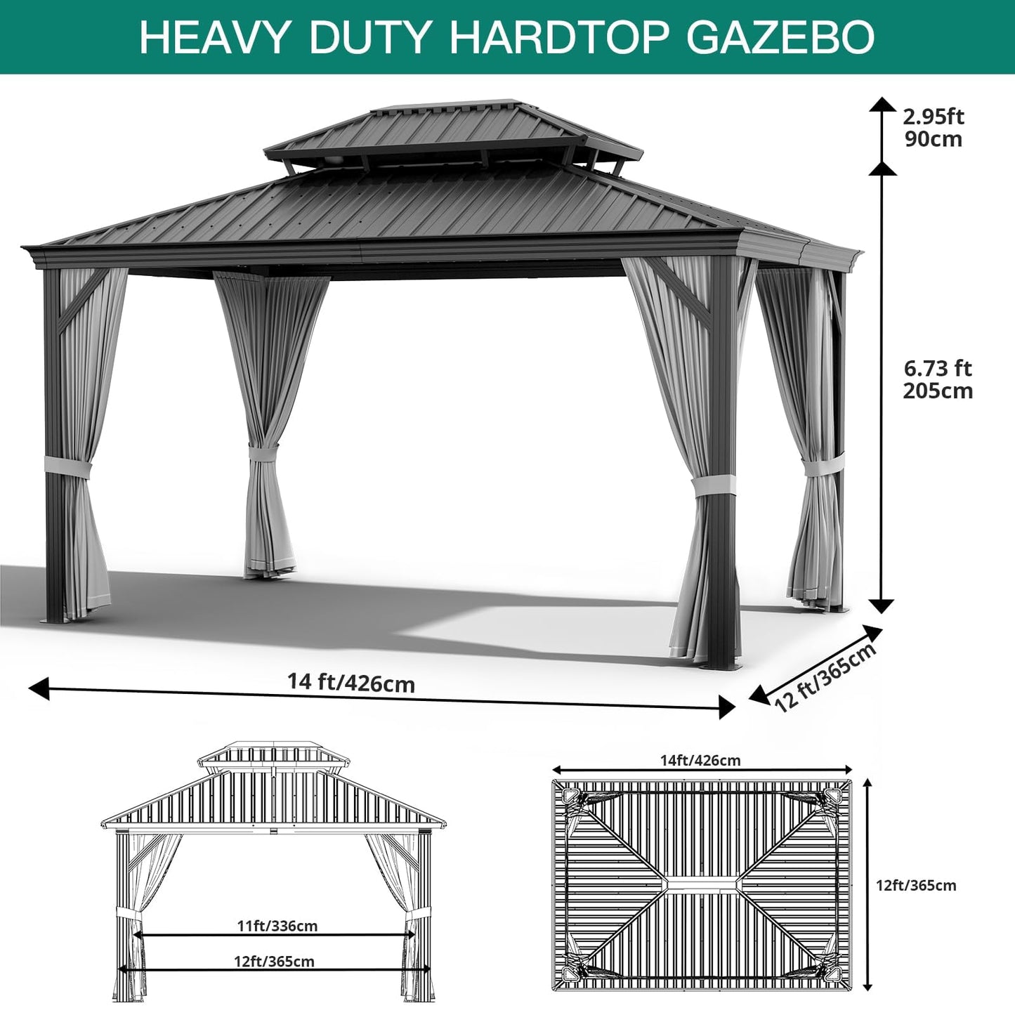 GAOMON Heavy Duty Aluminum Hardtop Gazebo with Double Roof – Mosquito Netting & Privacy Curtains – All-Weather Outdoor Pavilion for Patio, Garden, Deck, Backyard – Black Spray, Gray Cloth, Black Mesh,