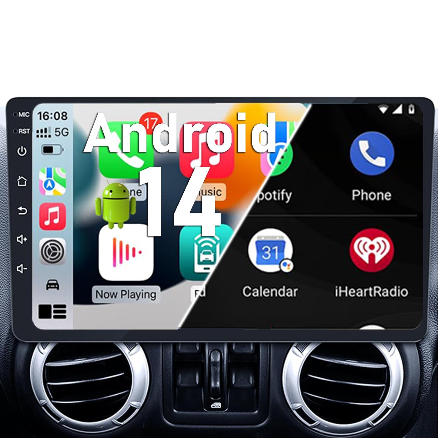 Android 14 Car Stereo Radio Upgrade for Jeep Wrangler JK Compass Grand Cherokee Dodge Ram 1500, 10 inch QLED Touchscreen Support Wireless CarPlay Android Auto GPS Bluetooth FM SWC (RAM 2GB+ ROM 64GB)