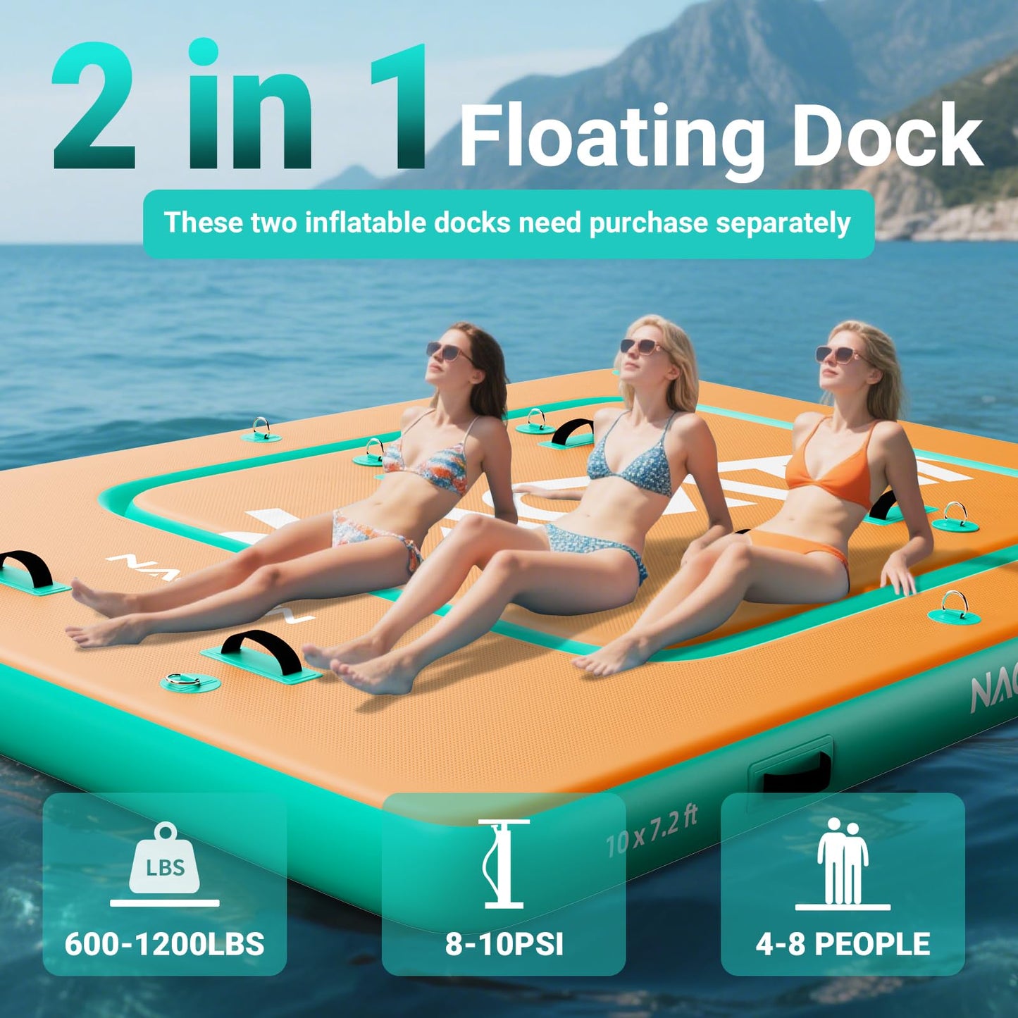 Inflatable Floating Dock, 10FT x 7.2FT Portable Inflatable Island Platform with Mesh Swim Area, fit 6-8 People, Eqiup Air Pump, Repair Kit & Carry Bag, for Swimming, Lake, Pool, Beach