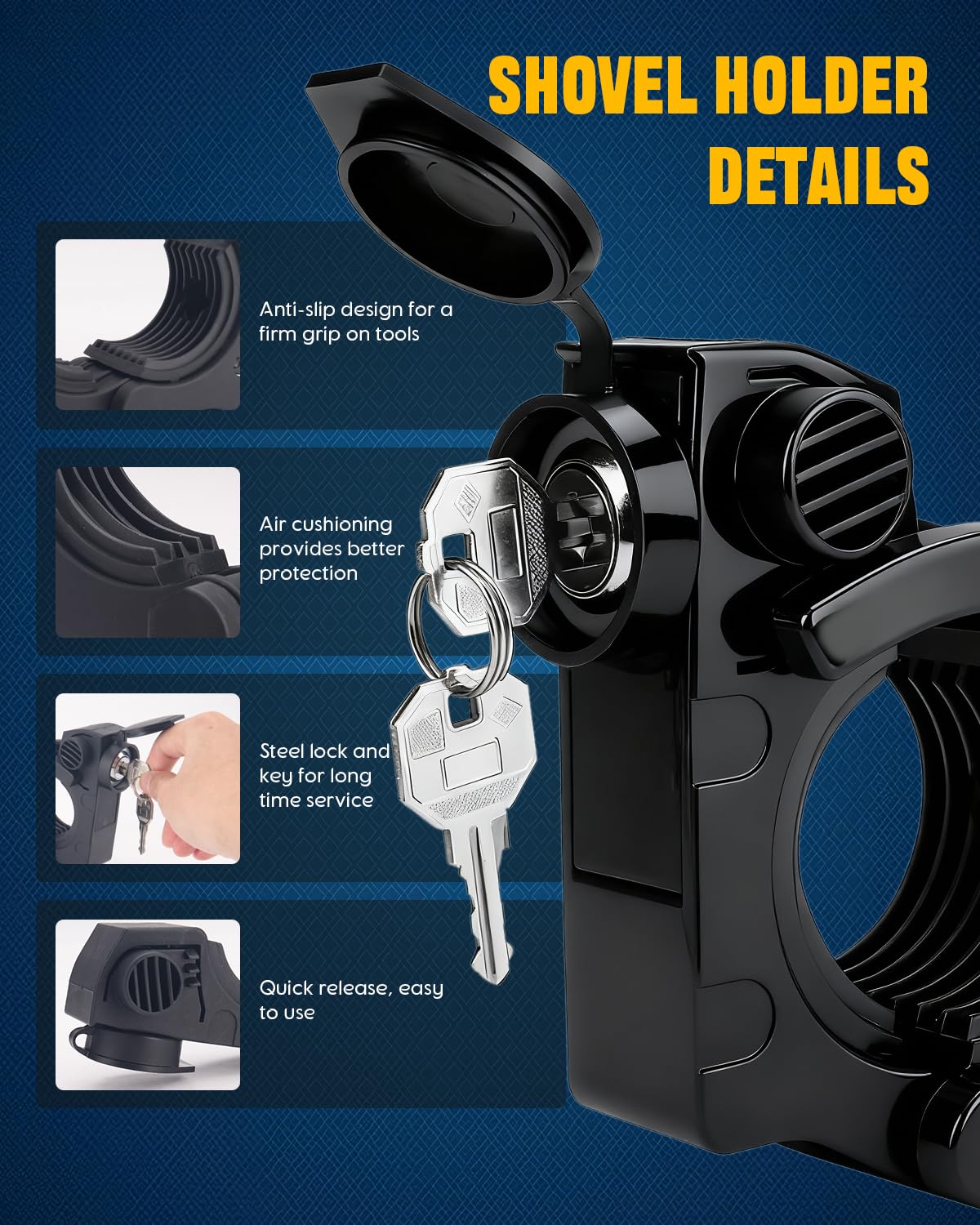 ADTOPI 4 Pack Shovel Mount with Lock, Roof Rack Shovel Holder Fit 1.38’’ to 1.97’’in Diameter Tools, Quick Release Rubber Clamp Grip Mount Kit for Off-Road Vehicle Truck SUV UTV ATV