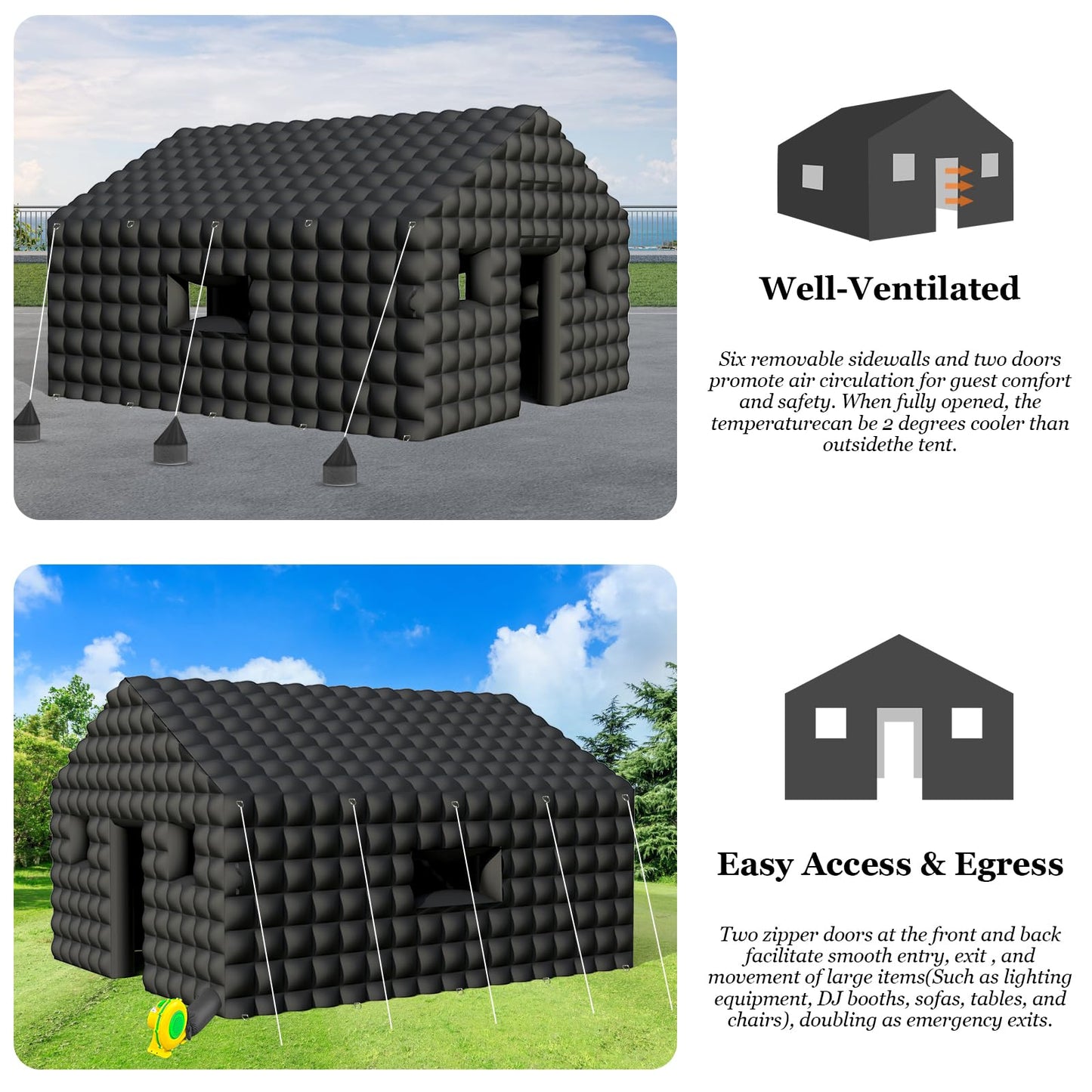 WUHUWOO Inflatable Nightclub 20x16.8x12 Ft, Large Black Inflatable Club Tent with 2 Doors and Logo Area, Inflatable Party Tent for Adults Birthday Backyard Wedding Rental