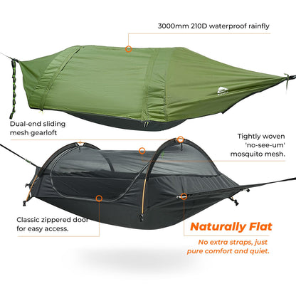 Flat Lay Camping Hammock Tent with Mosquito Net & RainFly, 3 in 1 Waterproof Lightweight Portable Sleeping Hammock Bug, Travel Outdoor Gear with Tree Strap Swing, for Hiking Patio Expedition