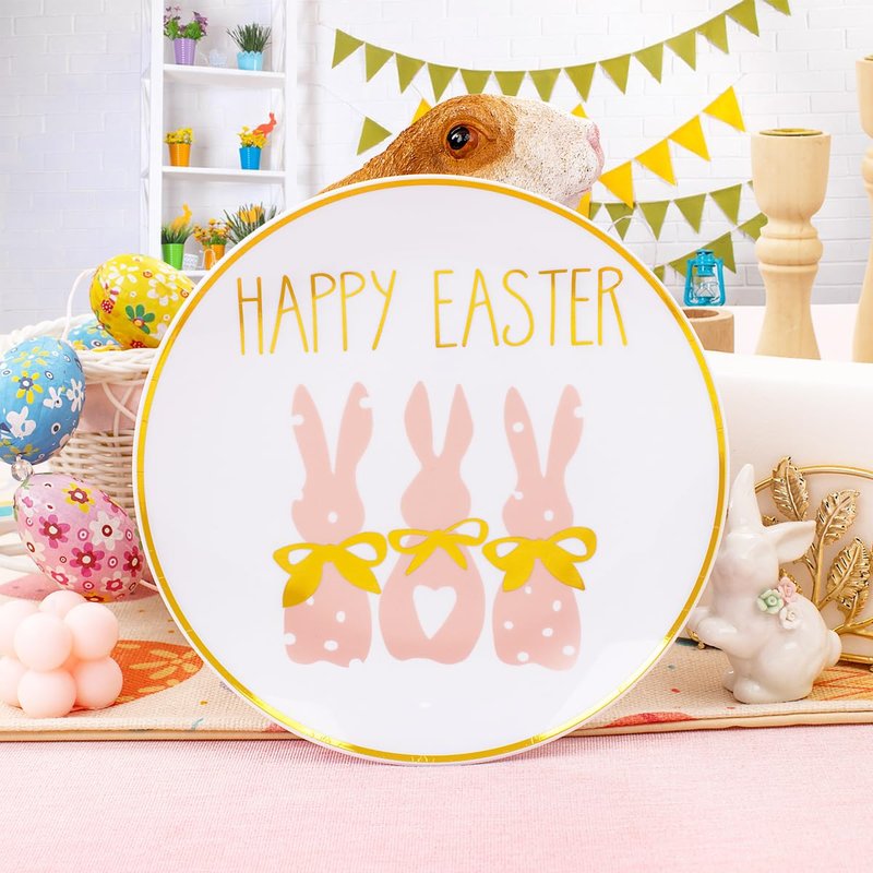 Morejoy 175pcs Easter Plastic Plates,Bunny Plates,Easter White & Pink Plates Disposable include 25Dinner Plates,25 Salad Plates,25 Cups,25 Forks,25 Knives,25 Spoons,25 Napkins Perfect for Party