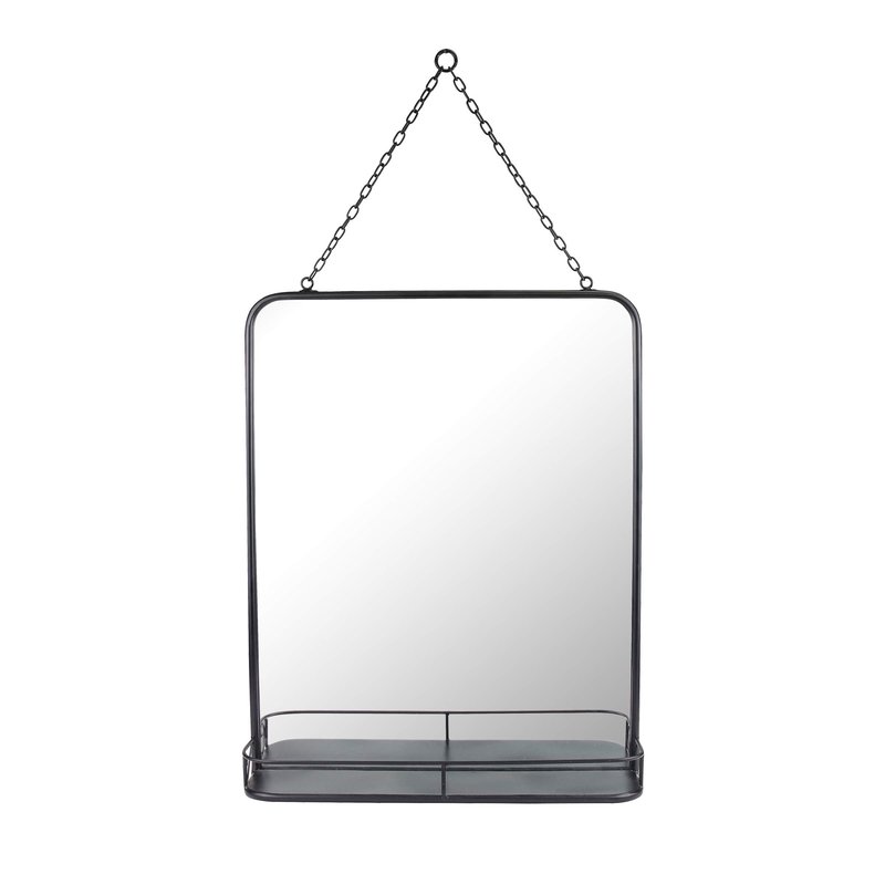 Stonebriar 21" x 16" Rectangle Black Metal Wall Mirror with Hanging Chain and Shelf, Decorative Industrial Decor for the Living Room, Bedroom, Bathroom, Hallway, and Entryway