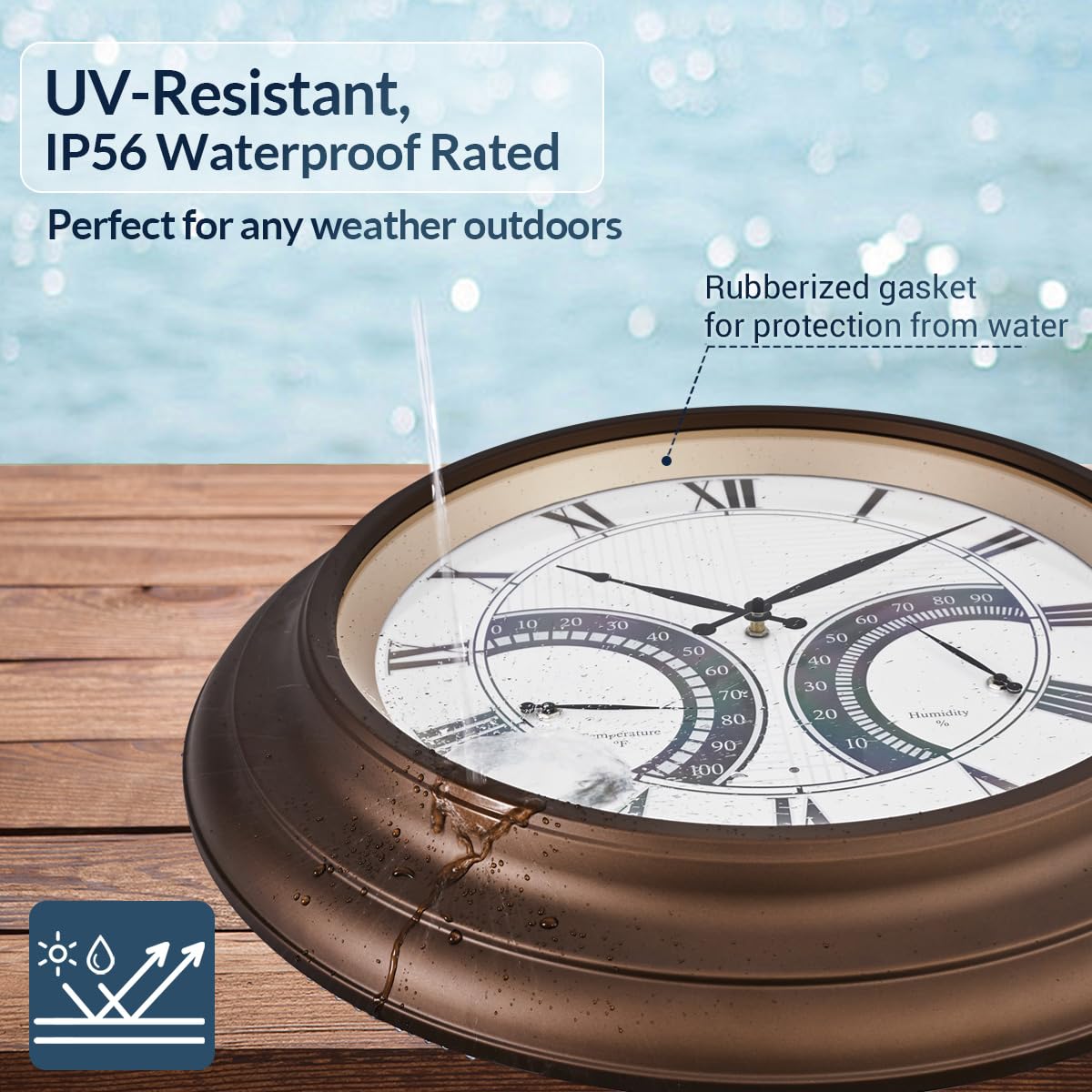 ANDY STAR 24 Inch Outdoor Clocks Waterproof,Large Outdoor Wall Clocks for Patio with Thermometer Combo, Silent Weatherproof Illuminated Metal Clock Battery Operated with Thermometer&Hygrometer, Bronze