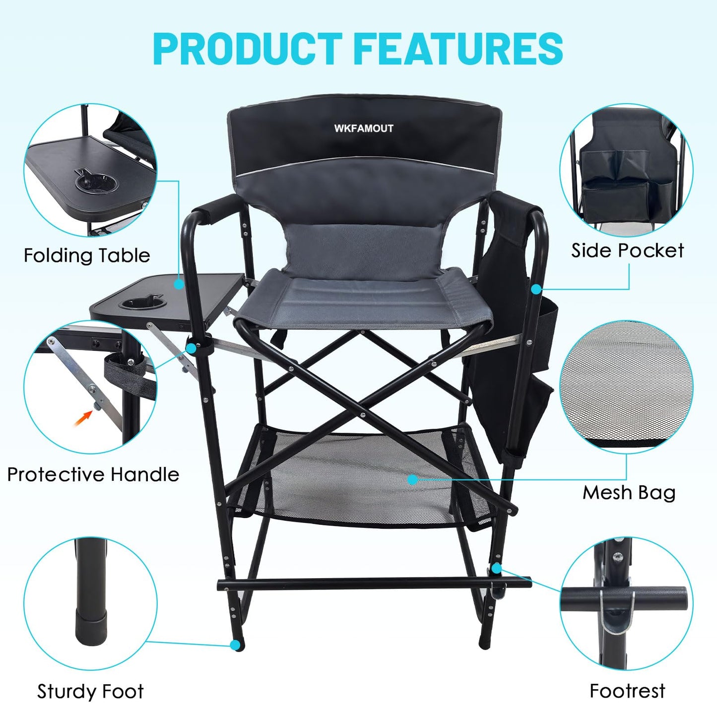 WKFAMOUT Tall Folding Director Chair 30.7" Seat Height Foldable Bar Stool for Makeup Artist Face Painting with Side Table Carry Bag and Cosmetic Bag Supports 350LBS
