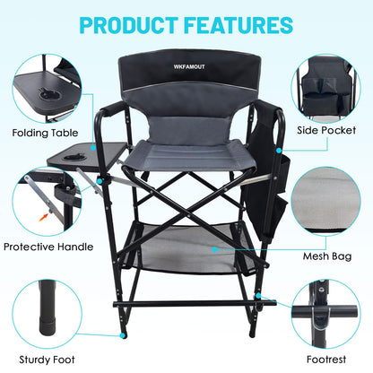 WKFAMOUT Tall Folding Director Chair 30.7" Seat Height Foldable Bar Stool for Makeup Artist Face Painting with Side Table Carry Bag and Cosmetic Bag Supports 350LBS