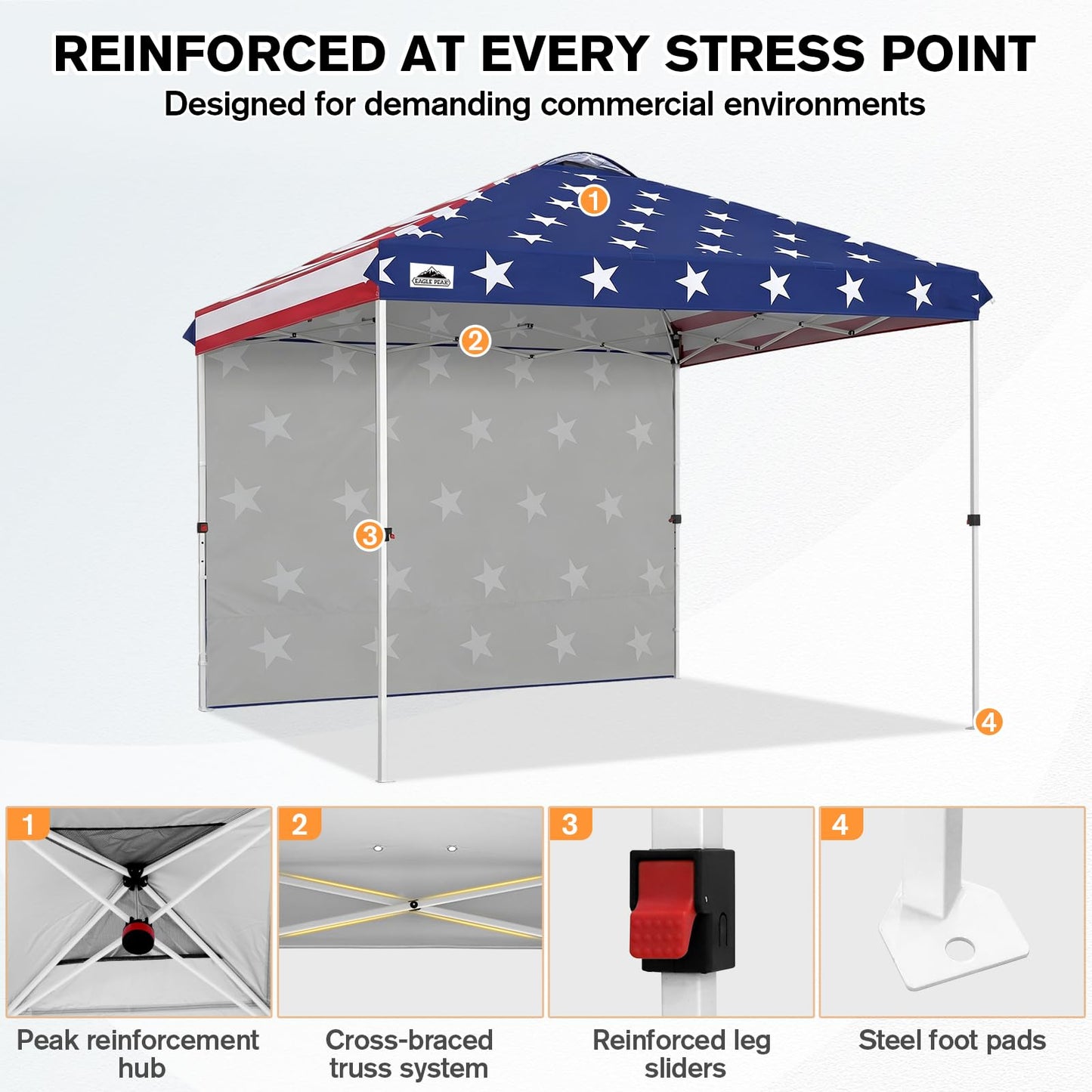 EAGLE PEAK Commercial Canopy 10x10 Pop Up Canopy Tent with 1 Sidewall, Easy Setup Heavy Duty Instant Event Shelter for Vendors & Markets, Outdoor Sun Shade, American Flag