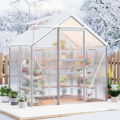 6x4FT Greenhouse for Outdoors, Walk-in Polycarbonate Greenhouse with Sliding Door, Adjustable Roof Vent & Gutter System, Portable Outdoor Green House Kit for Winter Gardening