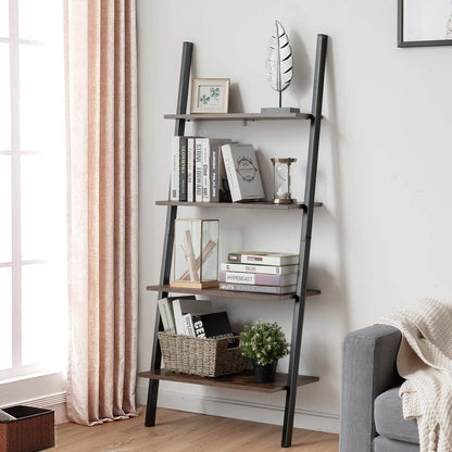Tangkula Industrial 4-Tier Ladder Shelf, Leaning Against The Wall Bookshelf for Living Room Office, Multipurpose Storage Rack Shelves with Metal Frame, Plant Flower Stand (Rustic Brown)