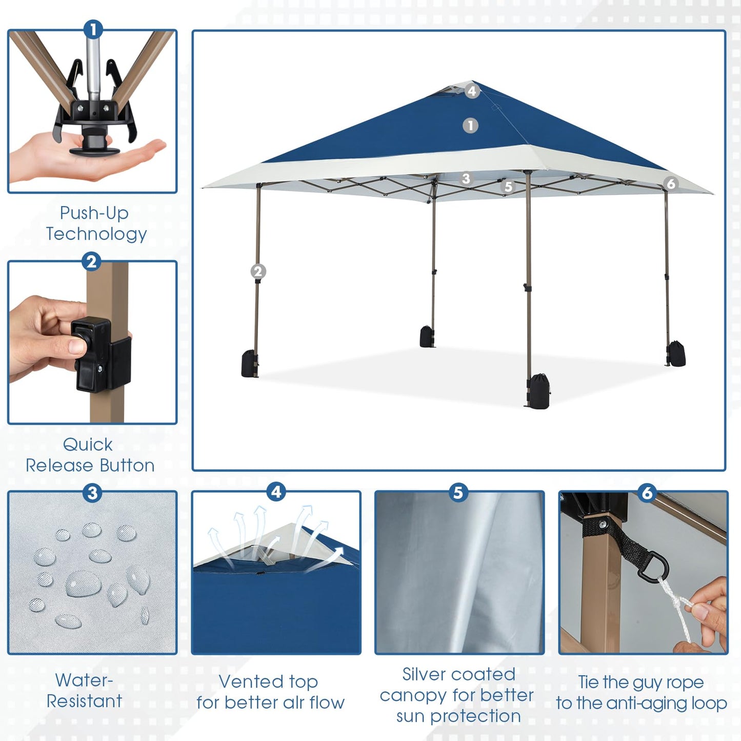 OUTDOOR LIVING SUNTIME 13x13 Instant Easy Pop Up Canopy,Portable Commercial Gazebo Camping Gazebo Tent Shelter with Wheeled Roller Carry Bag, Bonus Weight Sandbags, Stakes, Ropes - Navy