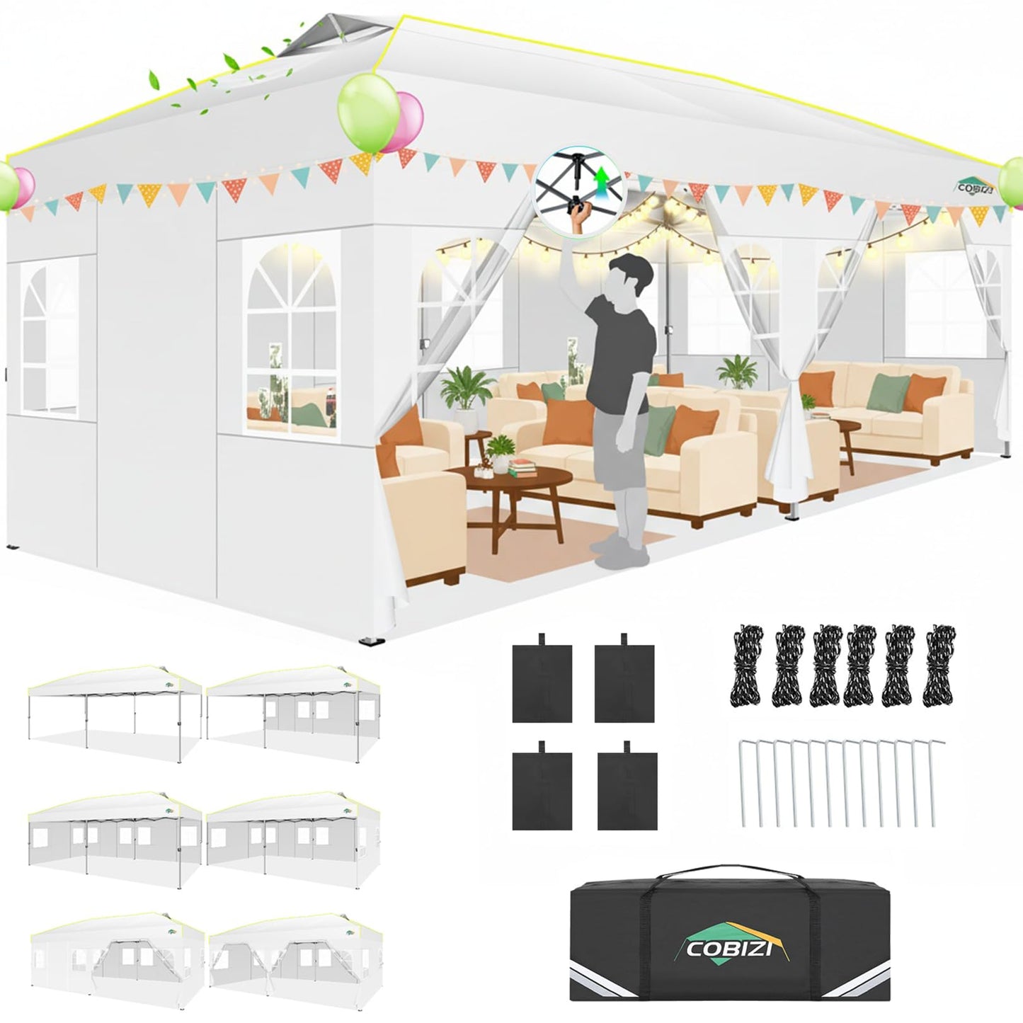COBIZI 10x20 Pop Up Canopy Tent with 6 Sidewalls One Push Setup Outdoor Commercial Gazebo Waterproof UPF 50+ Party Tent with Carry Bag,Air Vent,Sandbag Tents for Parties,Wedding,Backyard,White