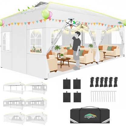 COBIZI 10x20 Pop Up Canopy Tent with 6 Sidewalls One Push Setup Outdoor Commercial Gazebo Waterproof UPF 50+ Party Tent with Carry Bag,Air Vent,Sandbag Tents for Parties,Wedding,Backyard,White