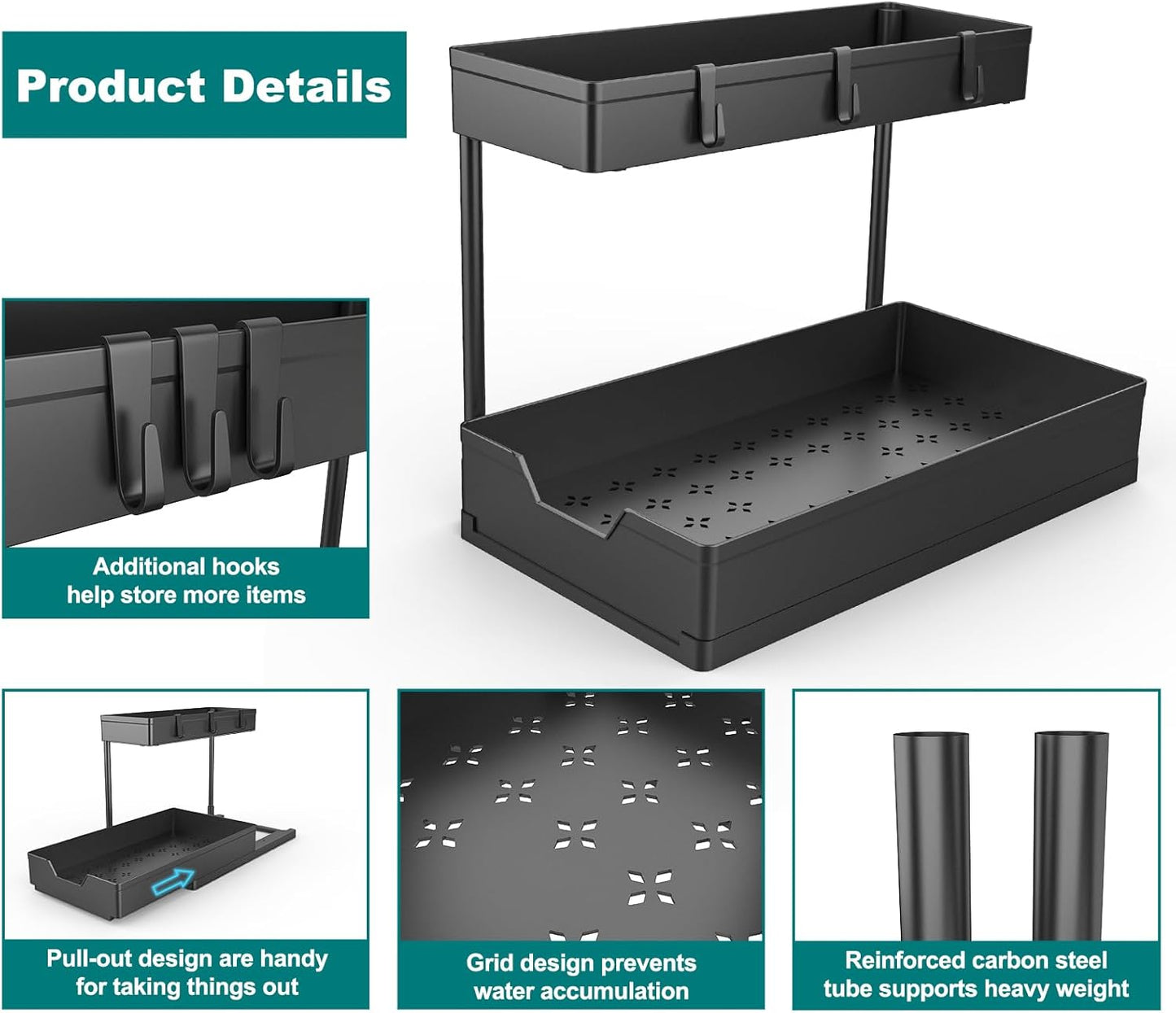 Nature's Source Under Sink Organizer - 2 Tier Sliding Storage Basket for Kitchen & Bathroom | Black
