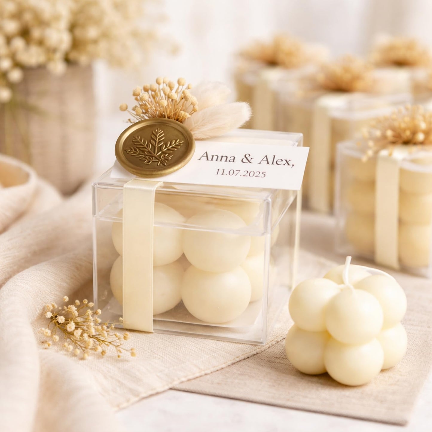 Personalized Bubble Candle Favors with Dried Flowers & Wax Seal – Soy Wax Wedding & Bridal, Baby Shower Bulk Event Gifts (10–200 pcs)