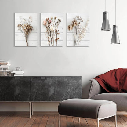 Modern Farmhouse Wall Decor Dried Wildflower Neutral Canvas Print Still Life Wall Art for Bedroom Aesthetic Rustic Floral Wall Art for Living Room Wall Decoration Stretched Set of 3 Pieces 16x24inches