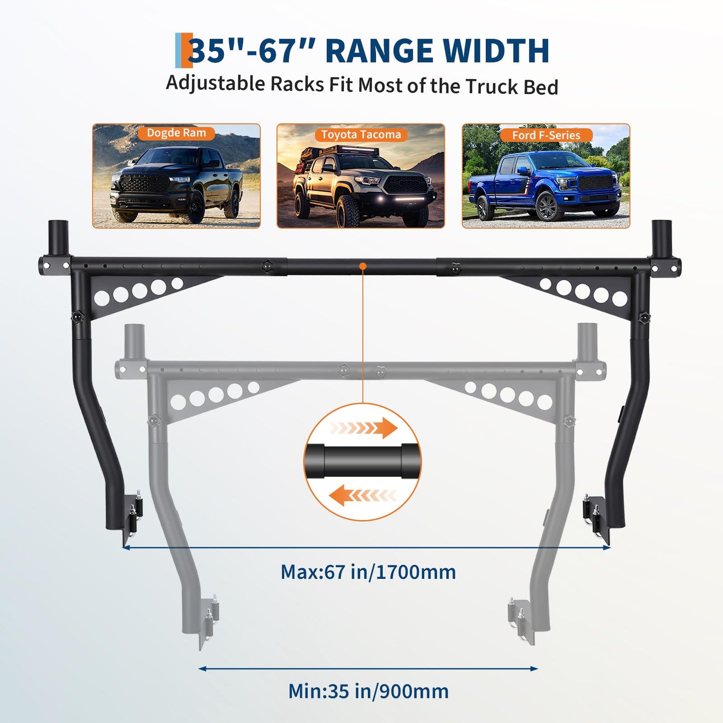 Adjustable Steel Truck Ladder Rack, 1000 Lbs Capacity, 52"-82" Crossbar, Universal Pickup Bed Rack for Kayak, Lumber, Ladder, Tent, Surfboard – No Drilling Required