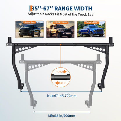 Adjustable Steel Truck Ladder Rack, 1000 Lbs Capacity, 52"-82" Crossbar, Universal Pickup Bed Rack for Kayak, Lumber, Ladder, Tent, Surfboard – No Drilling Required