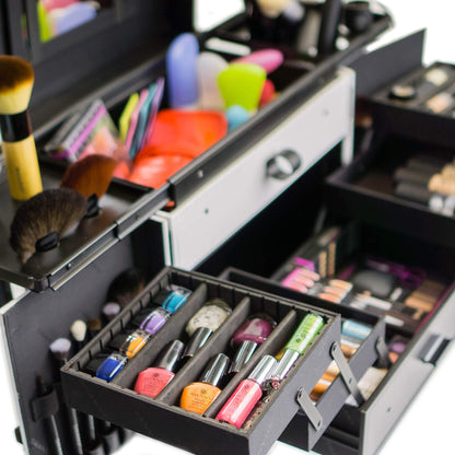 SHANY REBEL Series – Pro Makeup Artists Multifunction Cosmetics Trolley Train Case – Large - White Collar